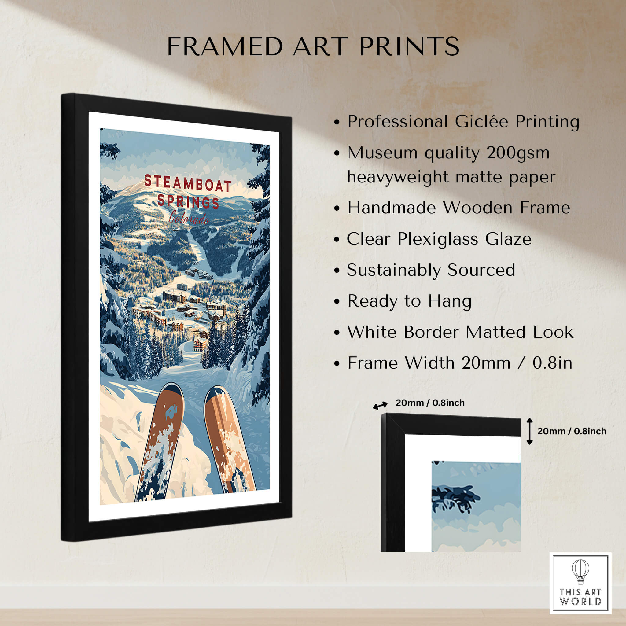 Framed Steamboat Springs Travel Poster - Colorado art print with snowy landscape and ski visuals.