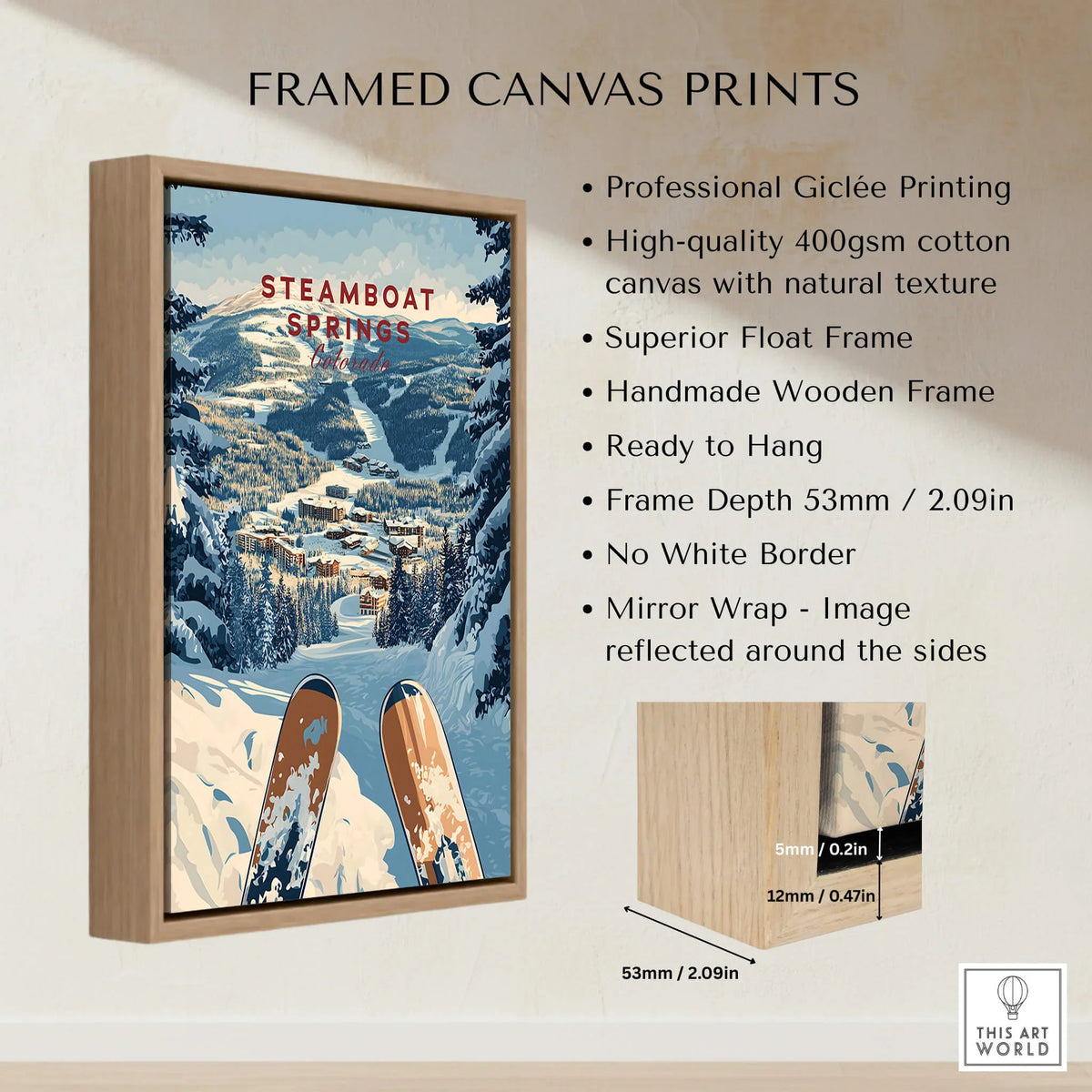 Framed canvas print of Steamboat Springs Travel Poster -  Colorado showcasing snowy mountains and ski scene.
