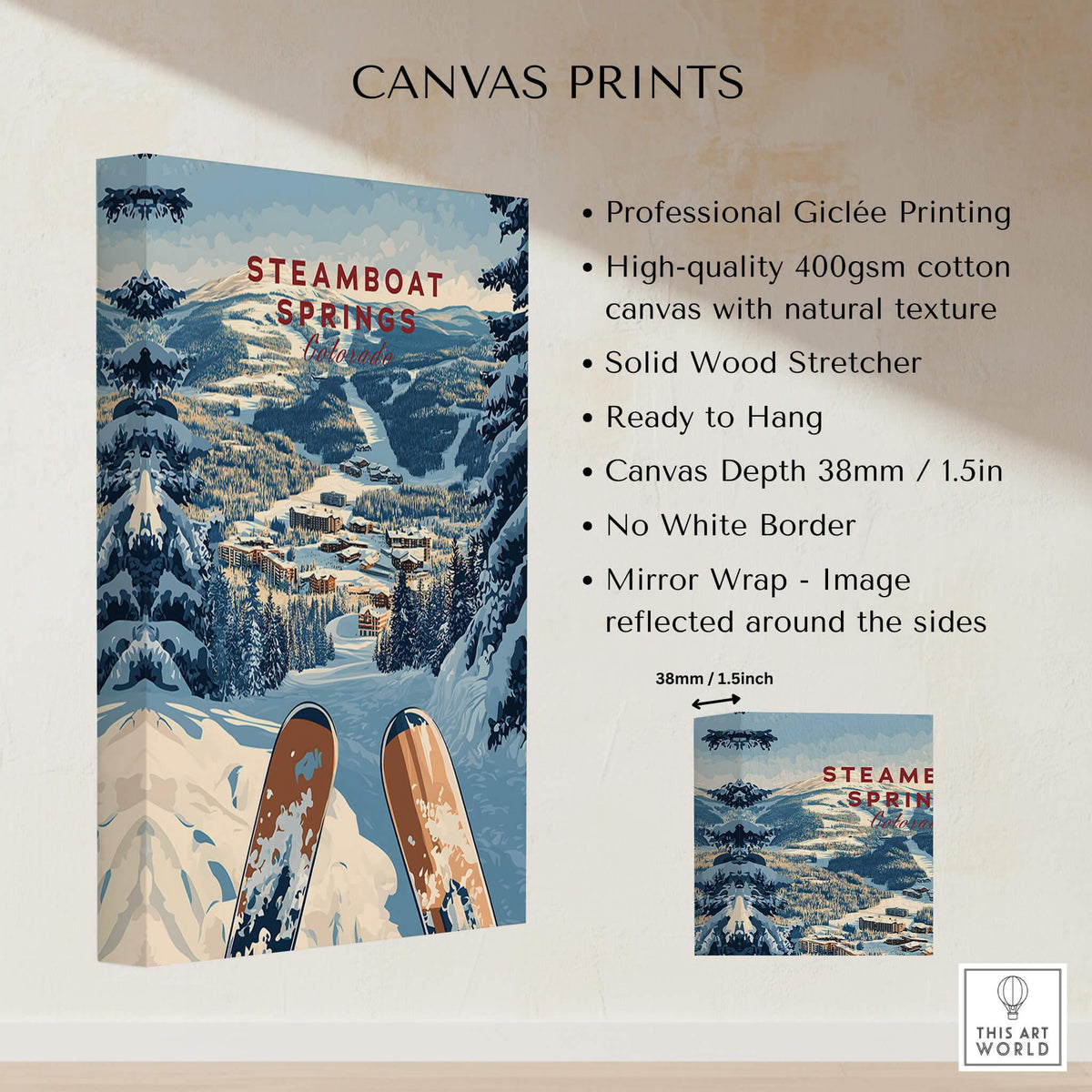 Steamboat Springs Travel Poster - Colorado showcasing a snowy landscape and skiing features for home decor.