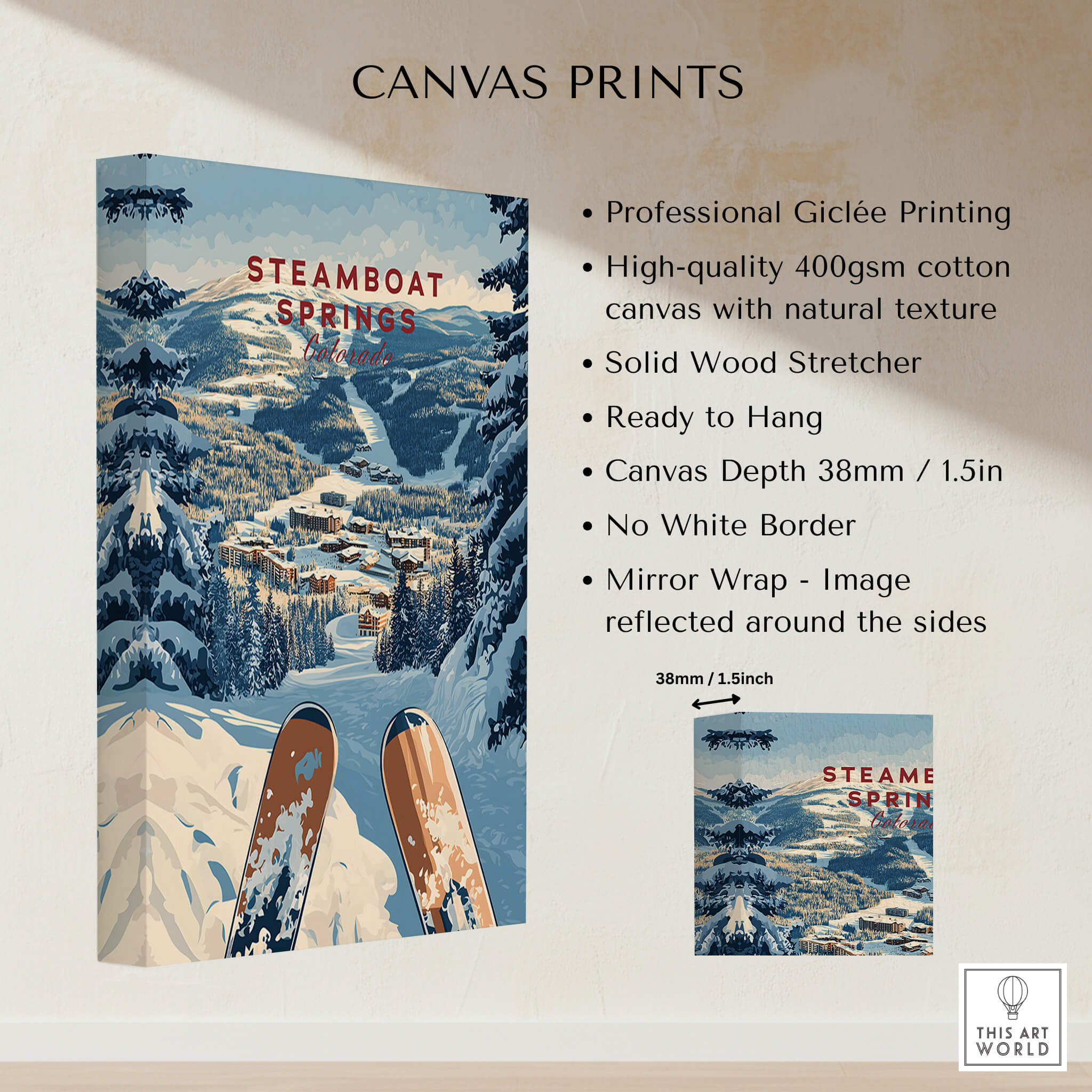 Steamboat Springs Travel Poster - Colorado showcasing a snowy landscape and skiing features for home decor.