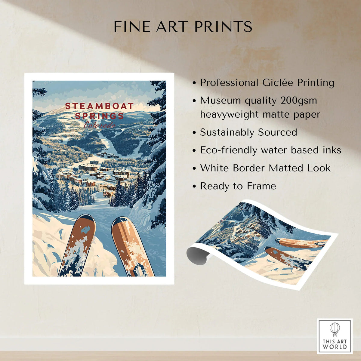 Steamboat Springs Travel Poster - Colorado showcasing snowy peaks and ski prints in a vibrant art design.