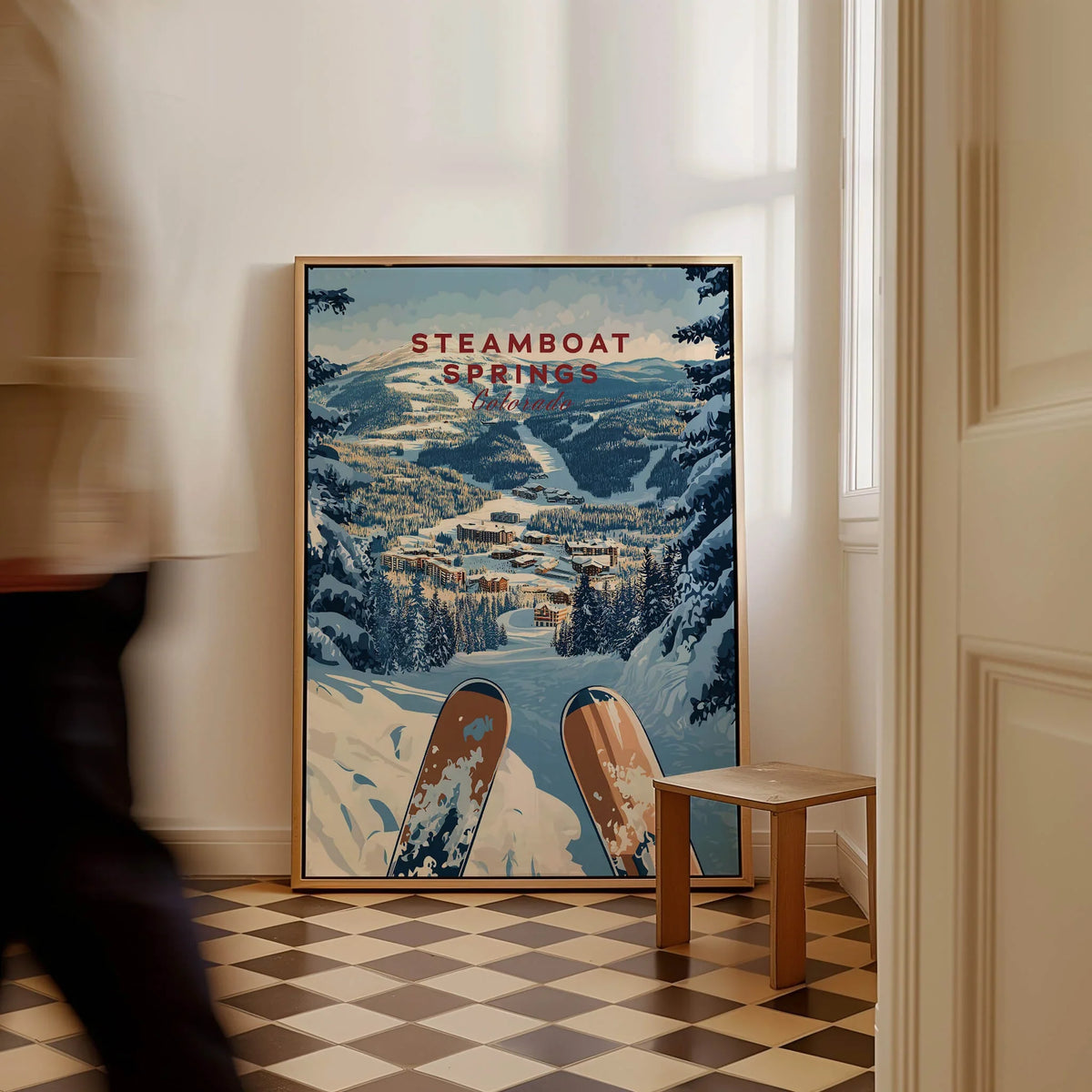 Steamboat Springs Travel Poster - Colorado showcasing snowy peaks and ski slopes in a cozy interior setting.