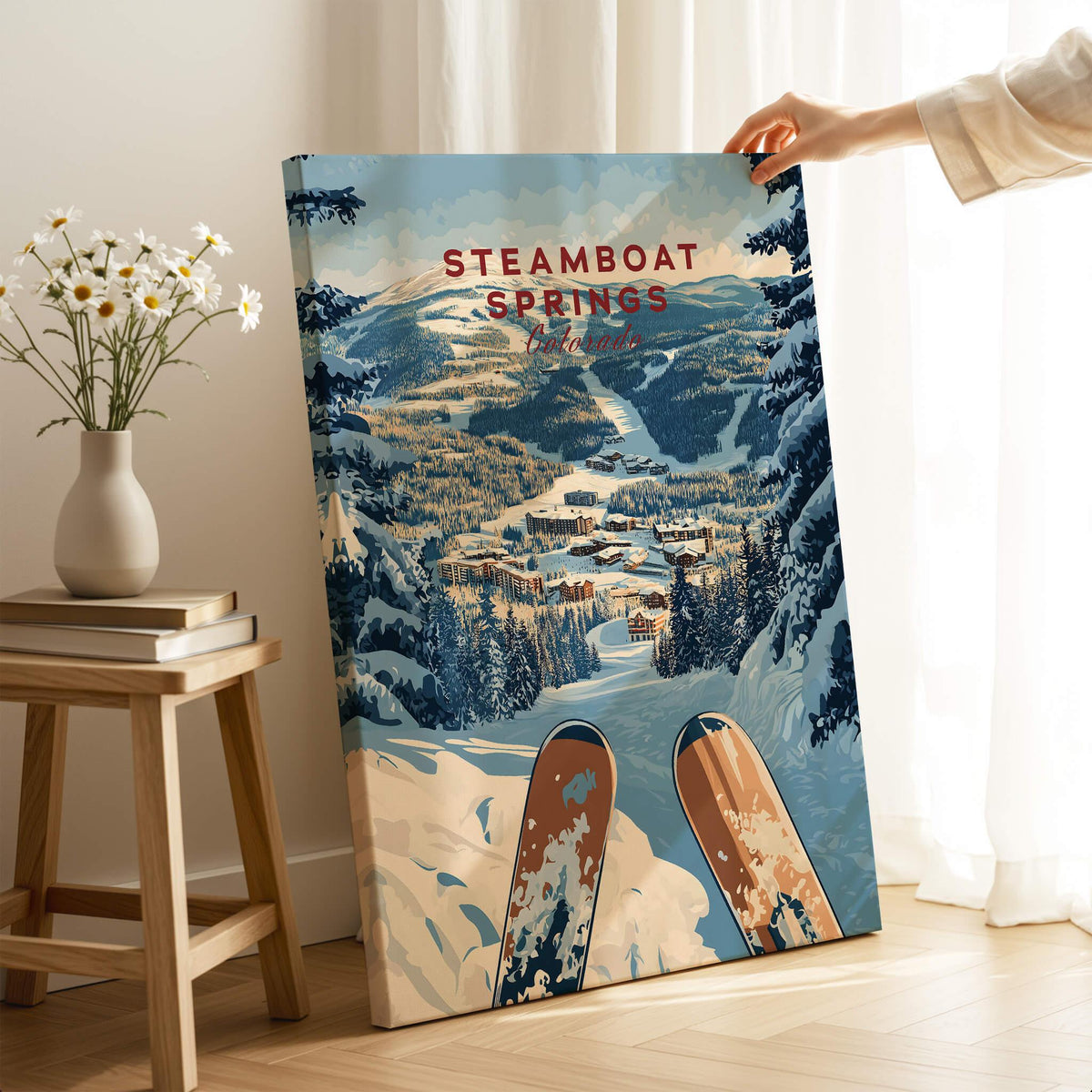Steamboat Springs Travel Poster - Colorado showcasing a snowy landscape with skis and a vibrant ski print.