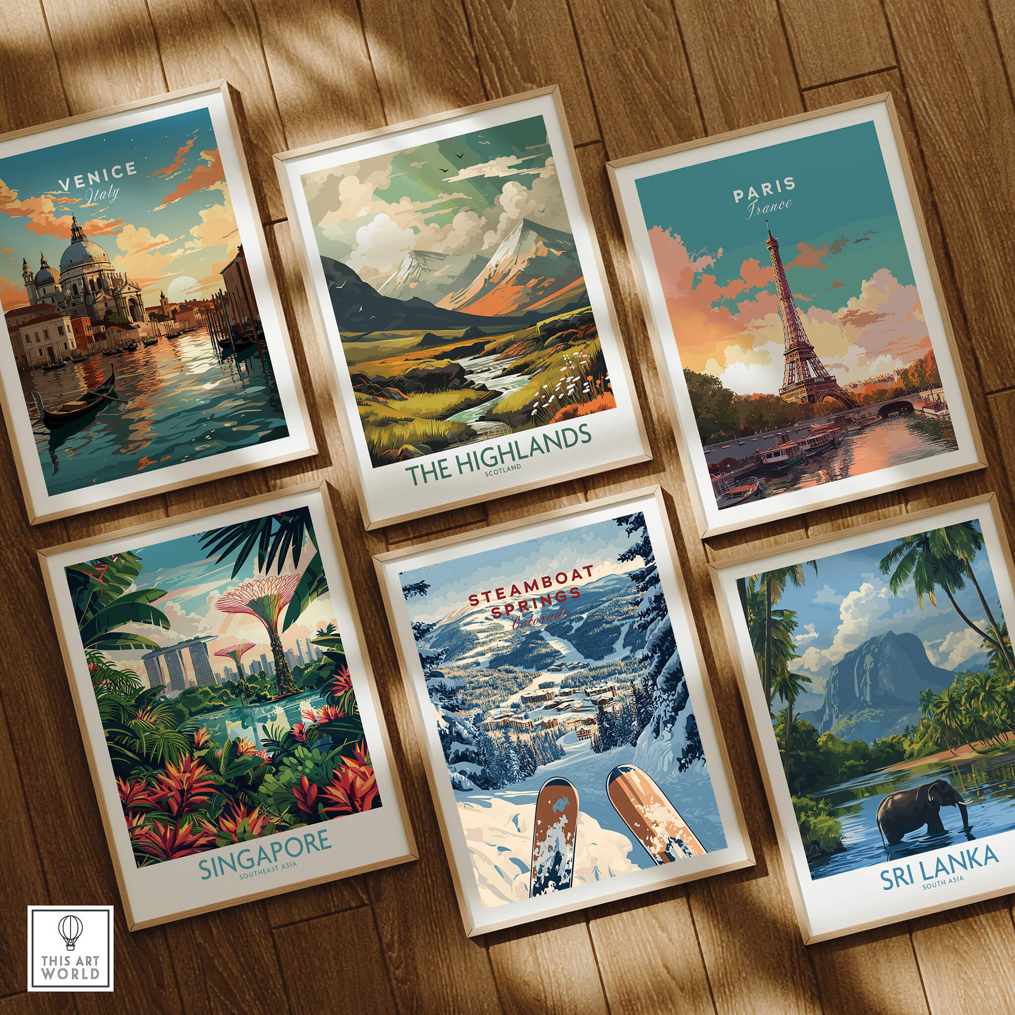 Collection of travel posters featuring Venice, The Highlands, Paris, Singapore, Steamboat Springs Travel Poster - Colorado, and Sri Lanka.
