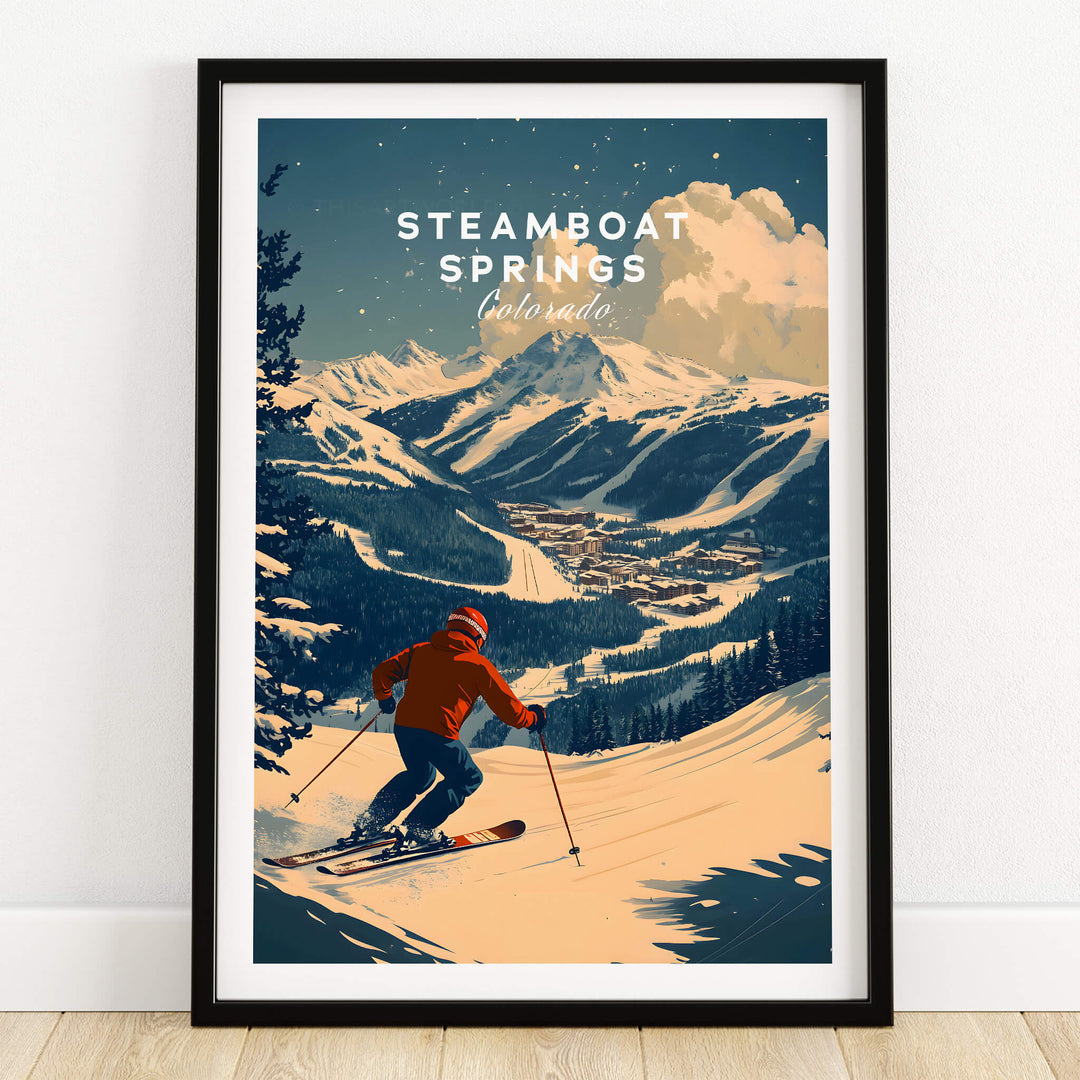Steamboat Springs Ski Poster featuring a skier on a snowy mountain with a backdrop of stunning peaks.