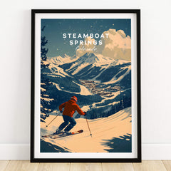 Steamboat Springs Ski Poster featuring a skier on a snowy mountain with a backdrop of stunning peaks.