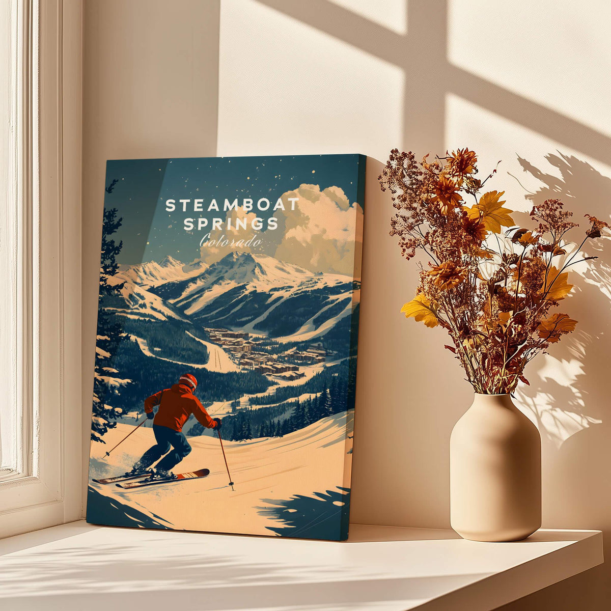 Steamboat Springs Ski Poster featuring a skier navigating snowy mountains in a sunlit room.