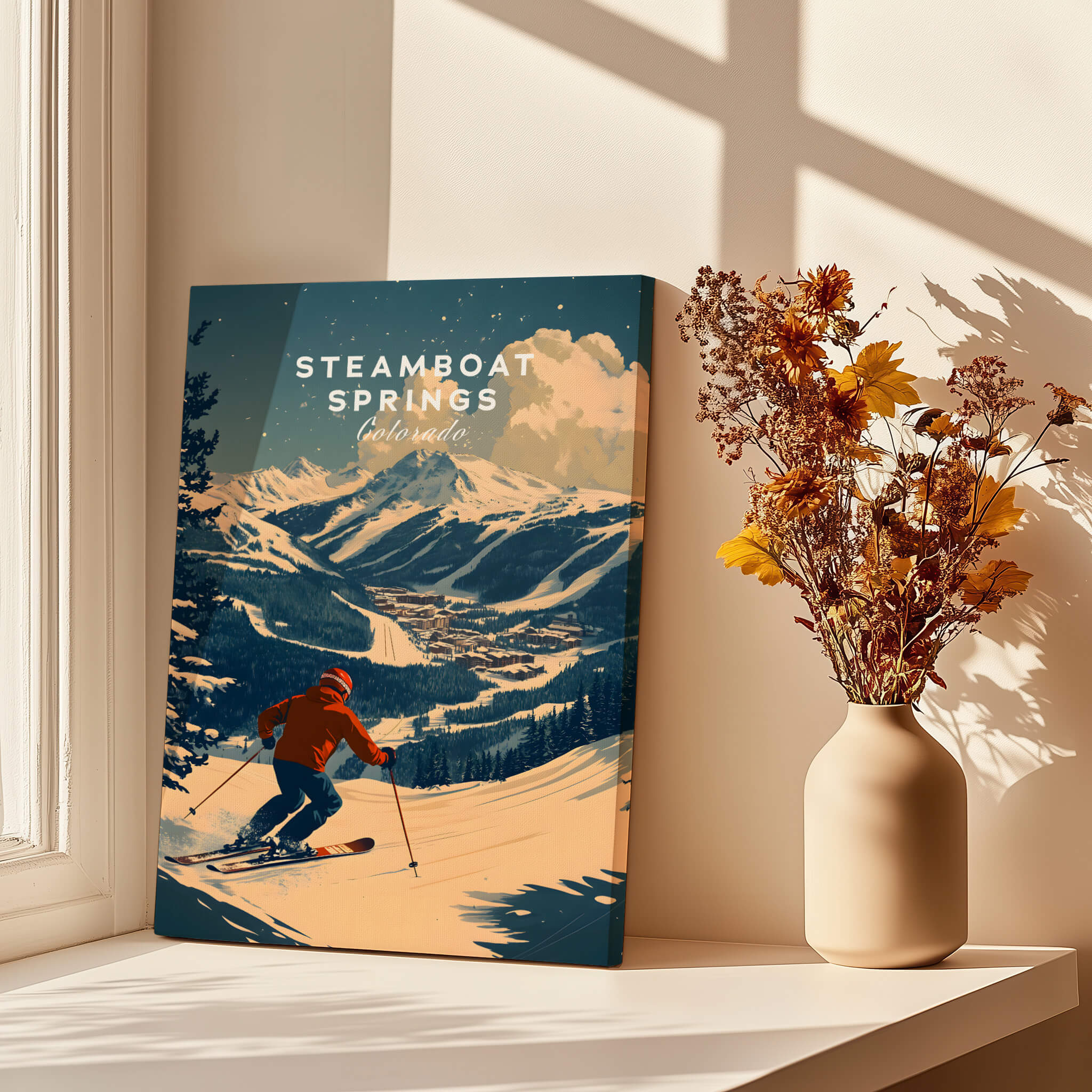 Steamboat Springs Ski Poster featuring a skier navigating snowy mountains in a sunlit room.