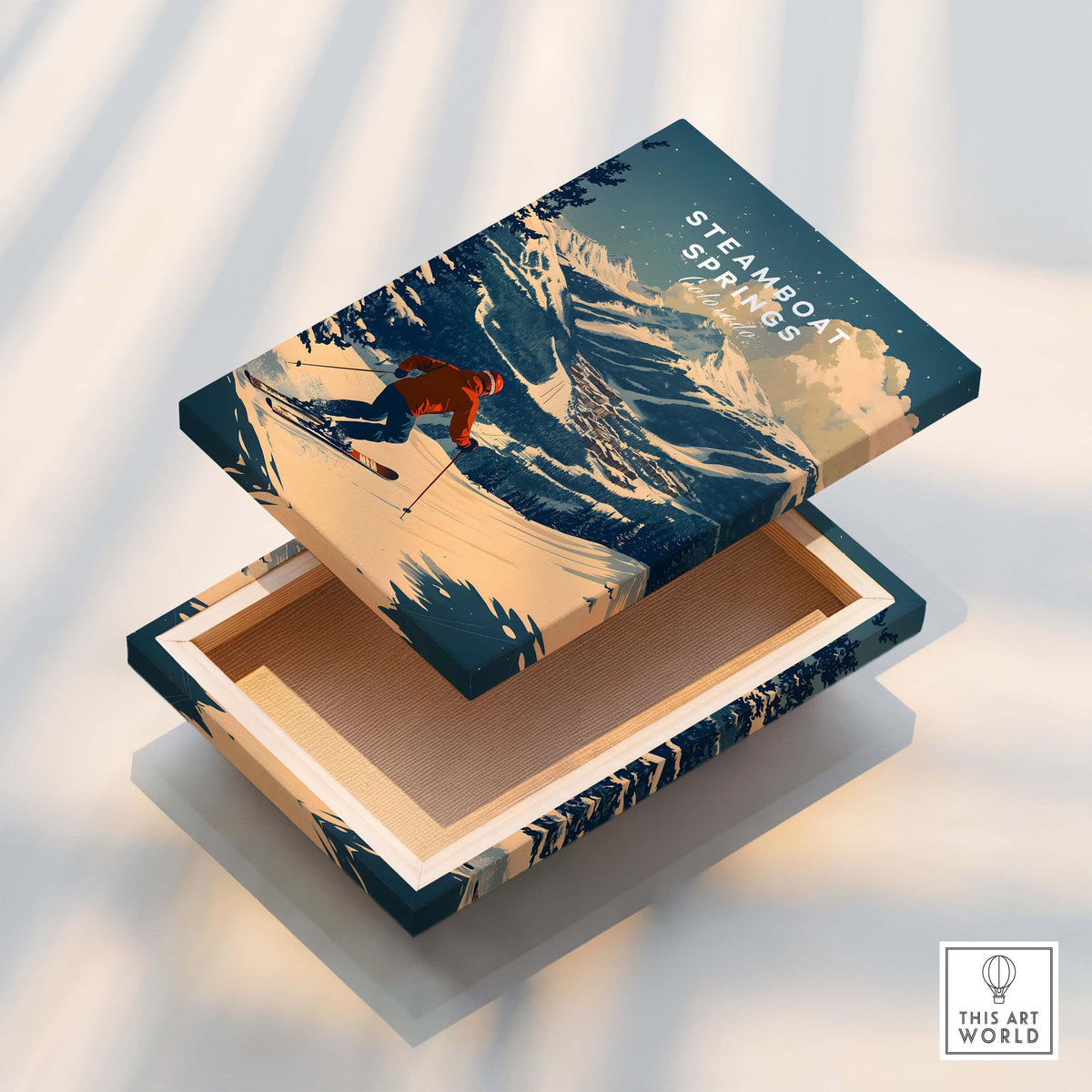 Steamboat Springs Ski Poster design on a decorative box showcasing a skier in snowy mountains.
