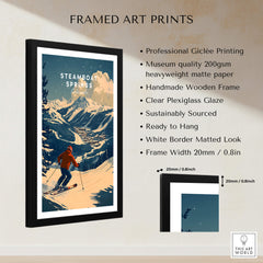 Framed Steamboat Springs Ski Poster featuring a skier amidst stunning mountain scenery.