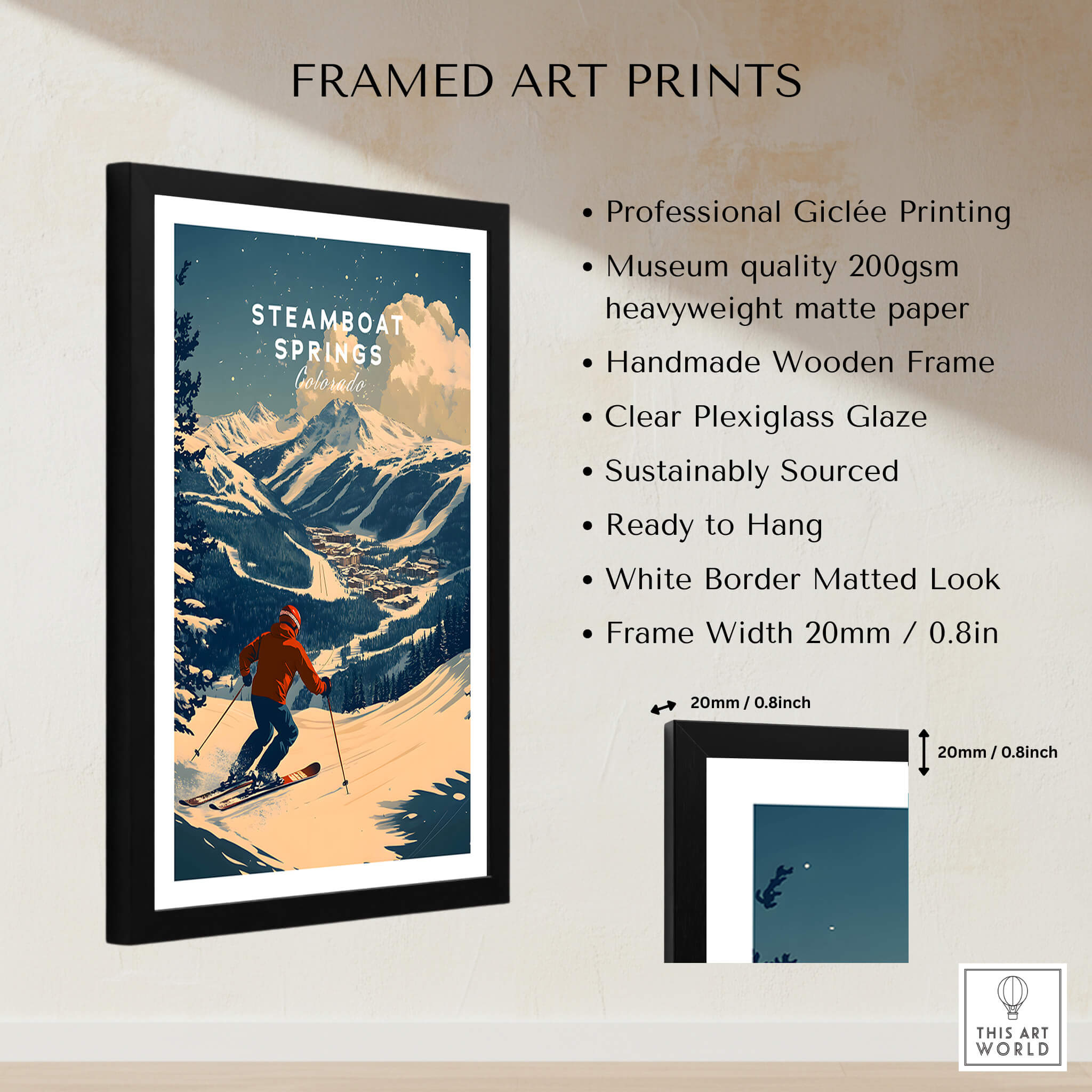 Framed Steamboat Springs Ski Poster featuring a skier amidst stunning mountain scenery.