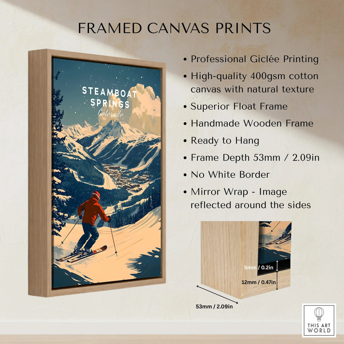 Steamboat Springs Ski Poster featuring a skier in a snowy mountain landscape, framed with natural wood.