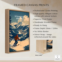 Steamboat Springs Ski Poster featuring a skier in a snowy mountain landscape, framed with natural wood.