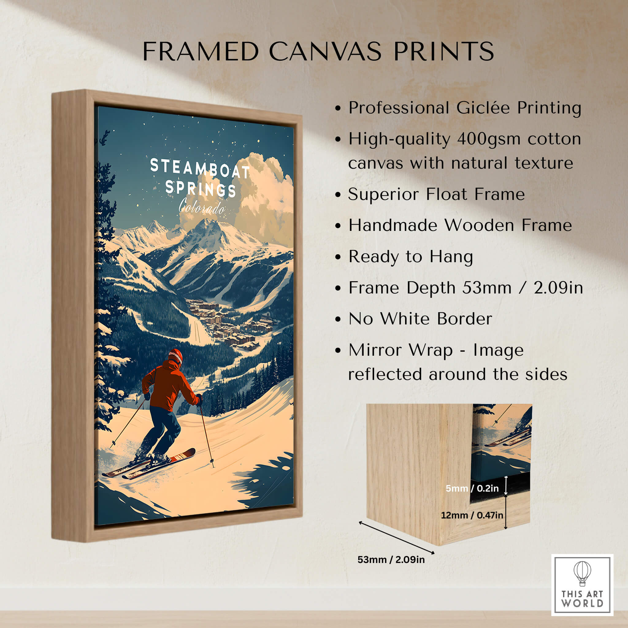 Steamboat Springs Ski Poster featuring a skier in a snowy mountain landscape, framed with natural wood.