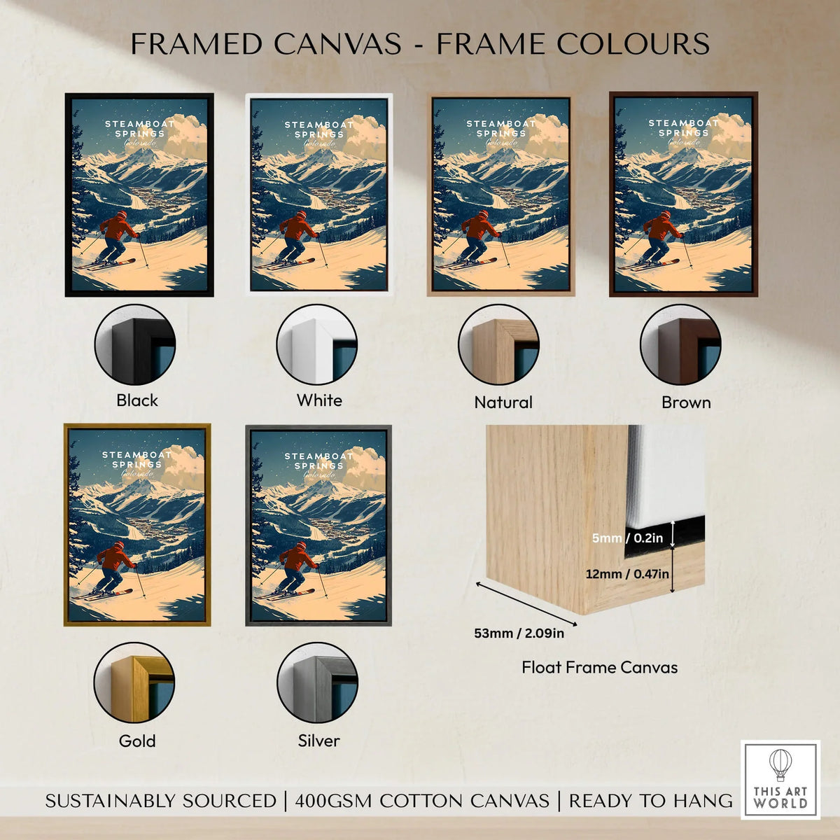 Steamboat Springs Ski Poster framed in various colors like black, white, natural, brown, gold, and silver.
