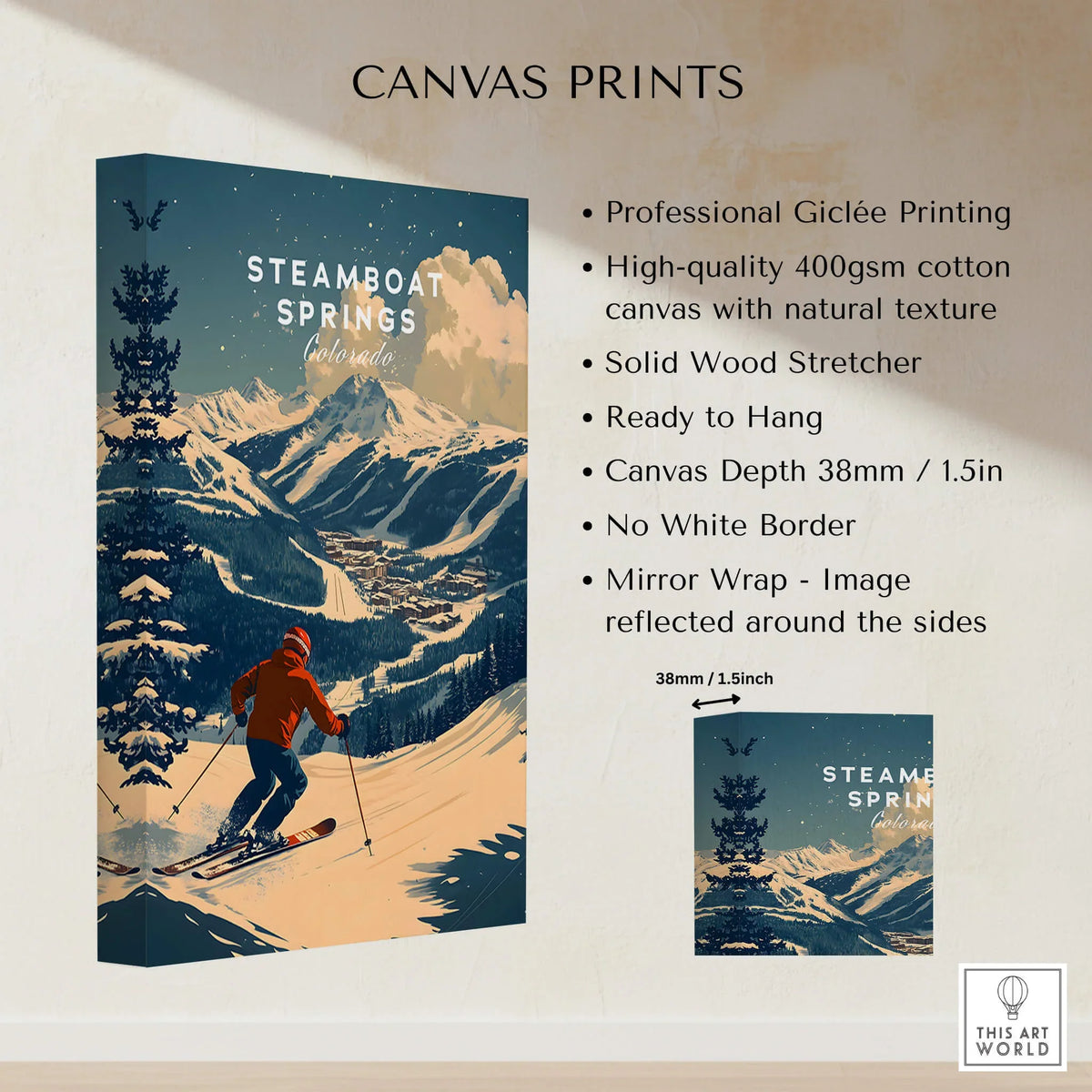 Steamboat Springs Ski Poster showcasing vibrant winter landscape and skier in action on canvas print.
