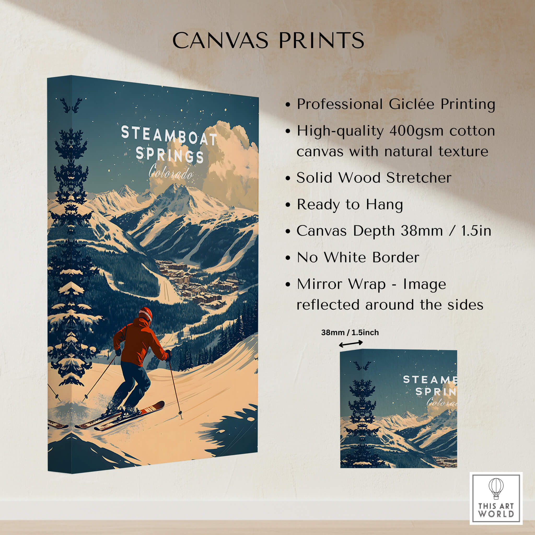 Steamboat Springs Ski Poster showcasing vibrant winter landscape and skier in action on canvas print.