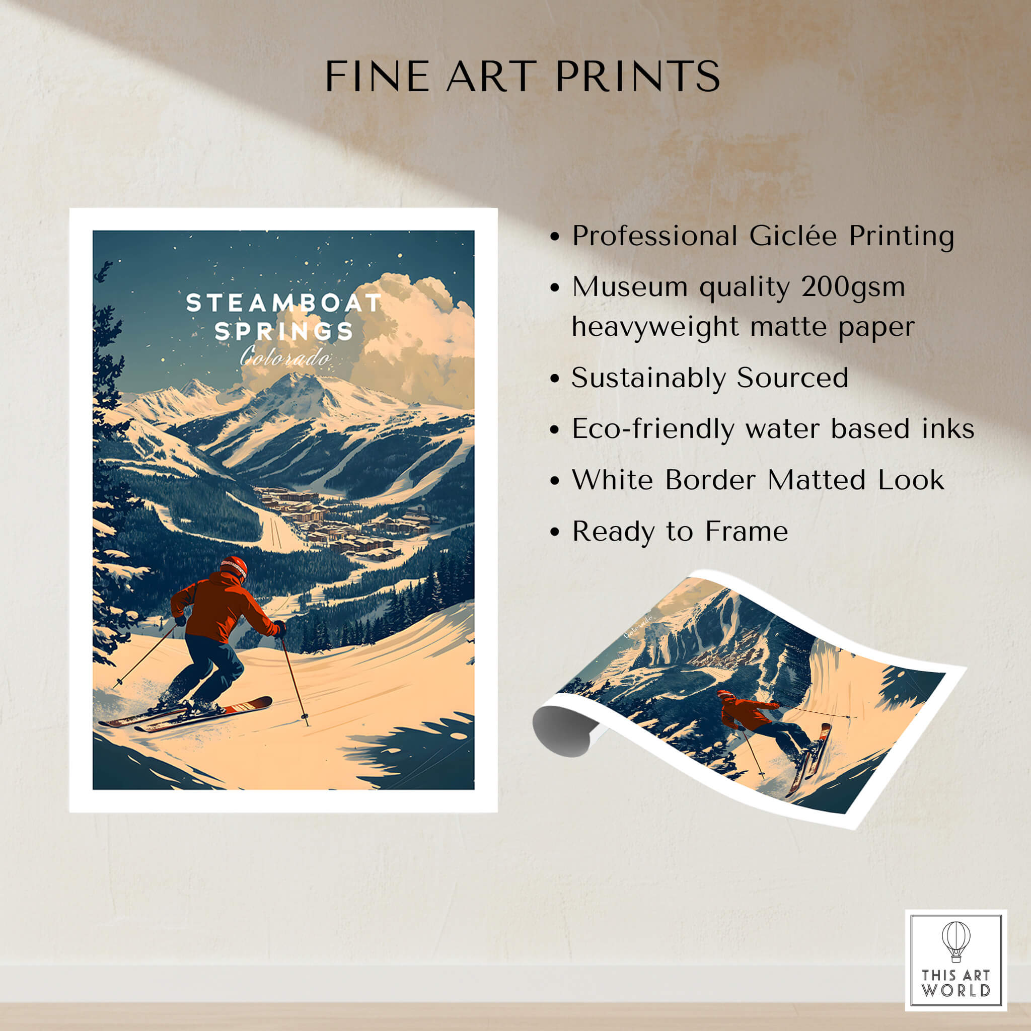 Steamboat Springs Ski Poster depicting a skier carving through snow-covered mountains, ideal for home or office decor.
