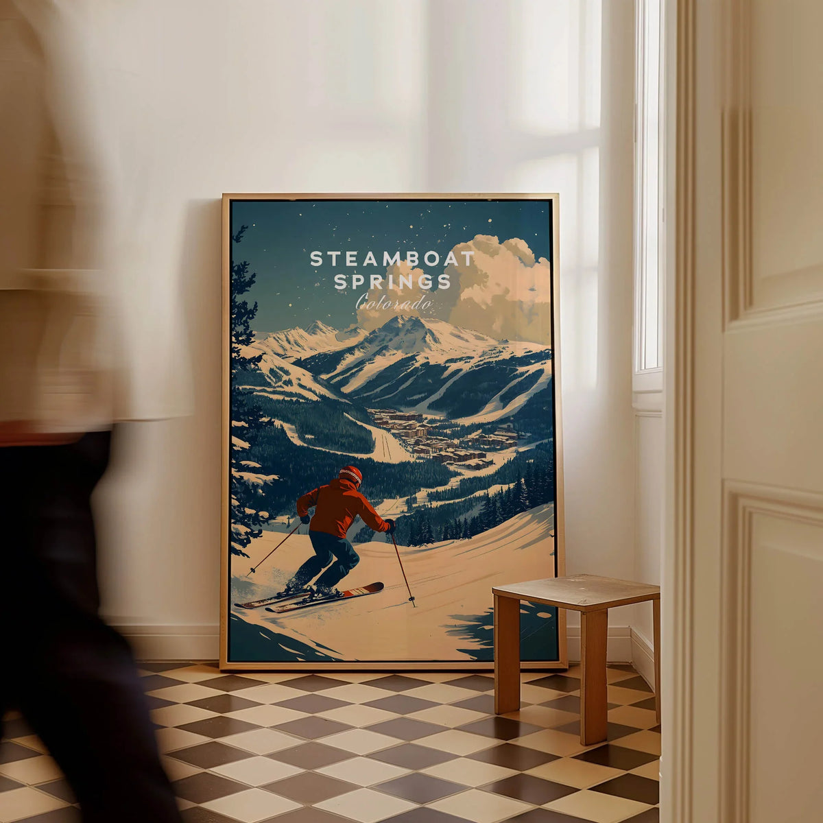 Steamboat Springs Ski Poster featuring a skier on a snowy mountain landscape, ideal for wall art decor.