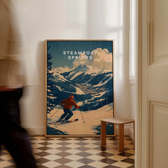 Steamboat Springs Ski Poster featuring a skier on a snowy mountain landscape, ideal for wall art decor.