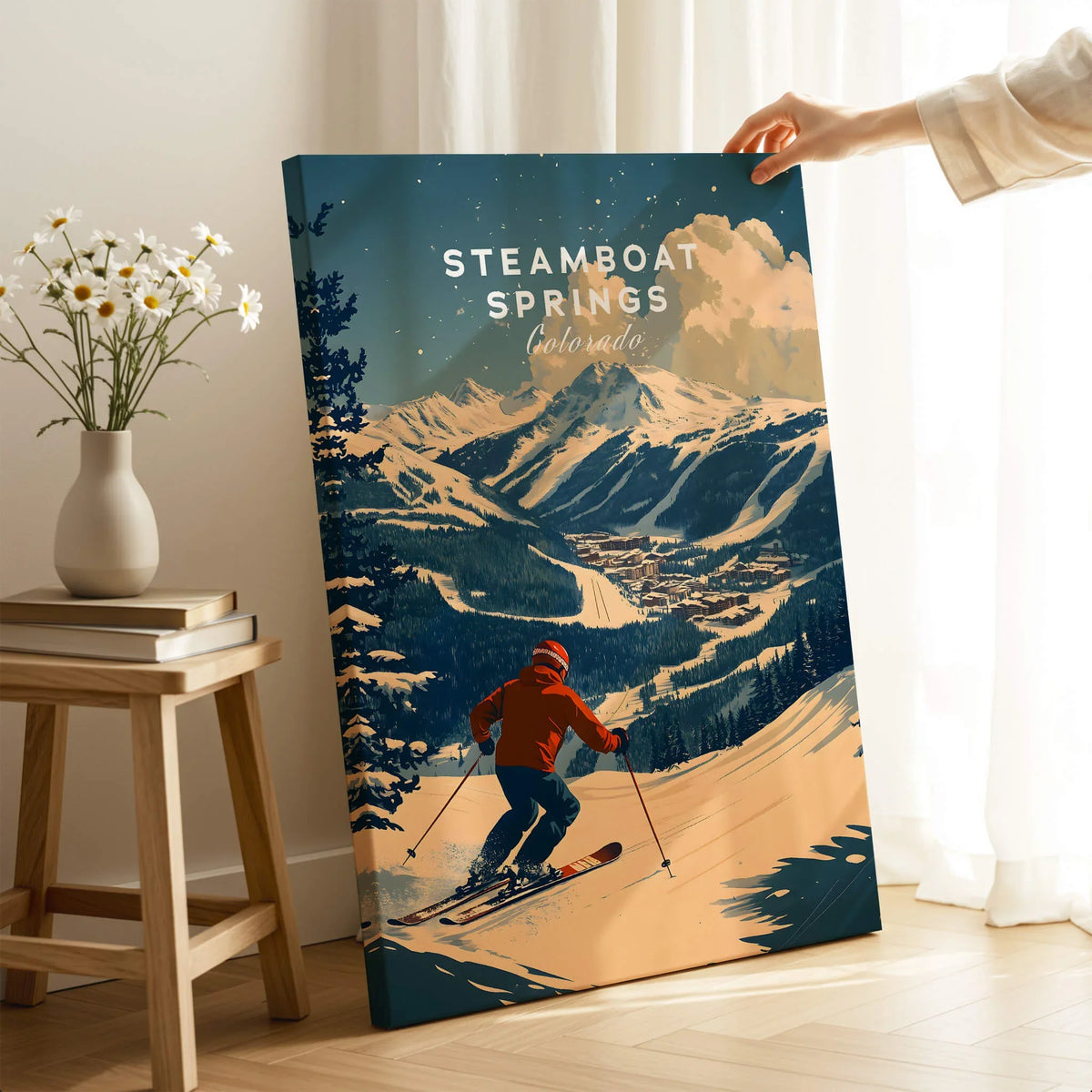 Steamboat Springs Ski Poster showcasing a skier amidst snowy mountains and beautiful winter scenery.