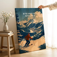 Steamboat Springs Ski Poster showcasing a skier amidst snowy mountains and beautiful winter scenery.