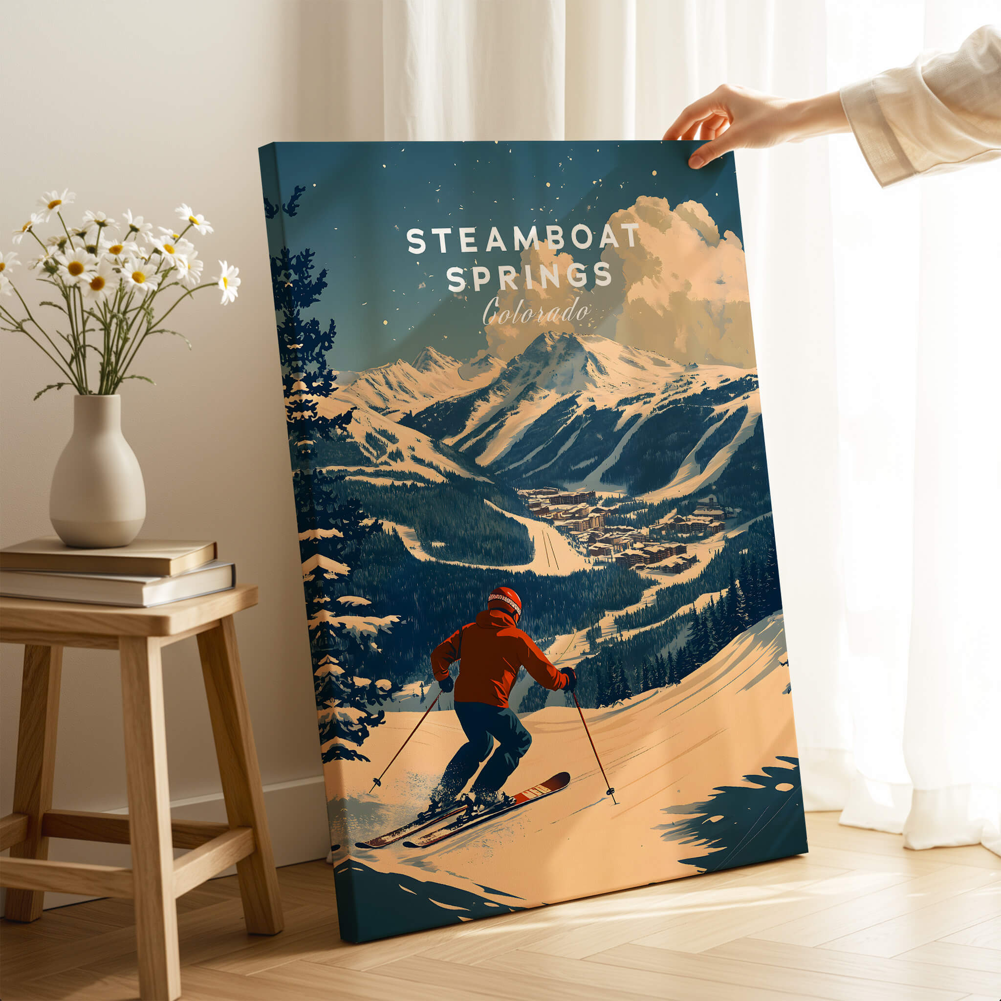 Steamboat Springs Ski Poster showcasing a skier amidst snowy mountains and beautiful winter scenery.