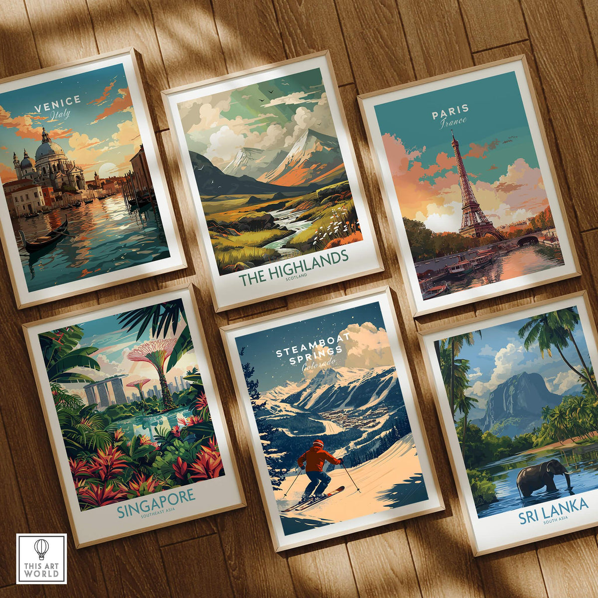 Collection of travel posters featuring Steamboat Springs Ski Poster and other destinations like Venice and Paris.