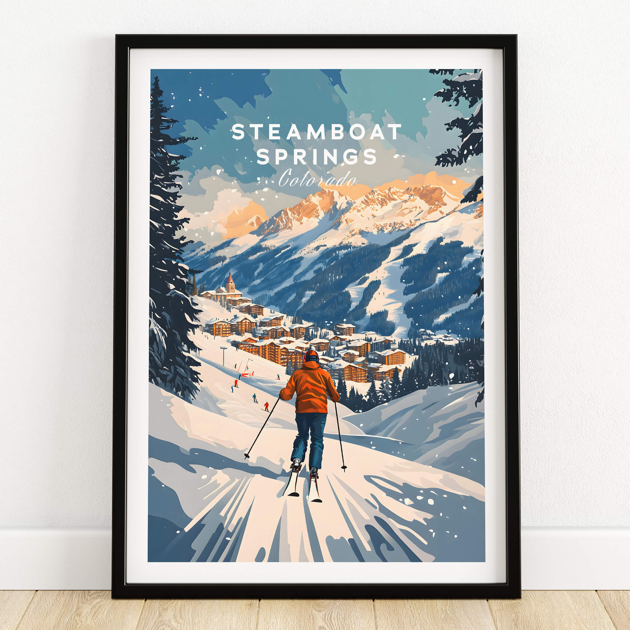 Steamboat Springs Print Colorado ski poster showcasing stunning winter scenery and skier in Steamboat Springs, Colorado.
