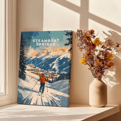 Steamboat Springs Print Colorado ski wall art featuring a skier amidst snowy mountains.