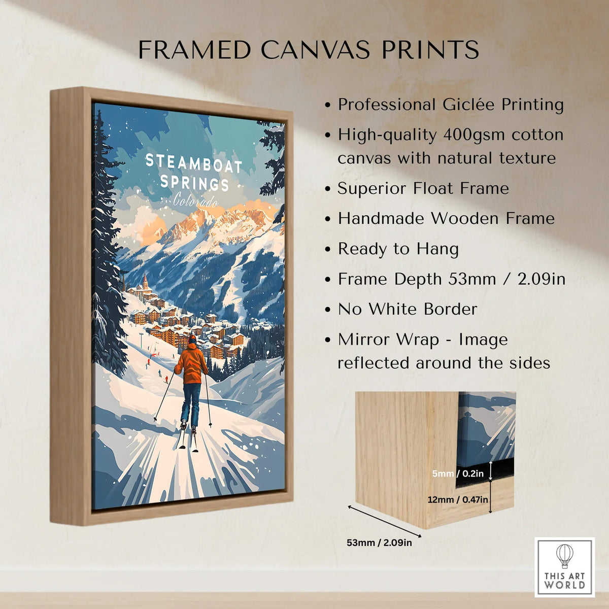 Steamboat Springs Print Colorado framed canvas print showcasing ski poster with vibrant colors.