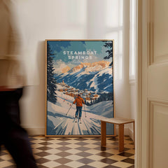 Steamboat Springs Print Colorado ski poster displayed in a stylish interior, evoking adventure and winter beauty.