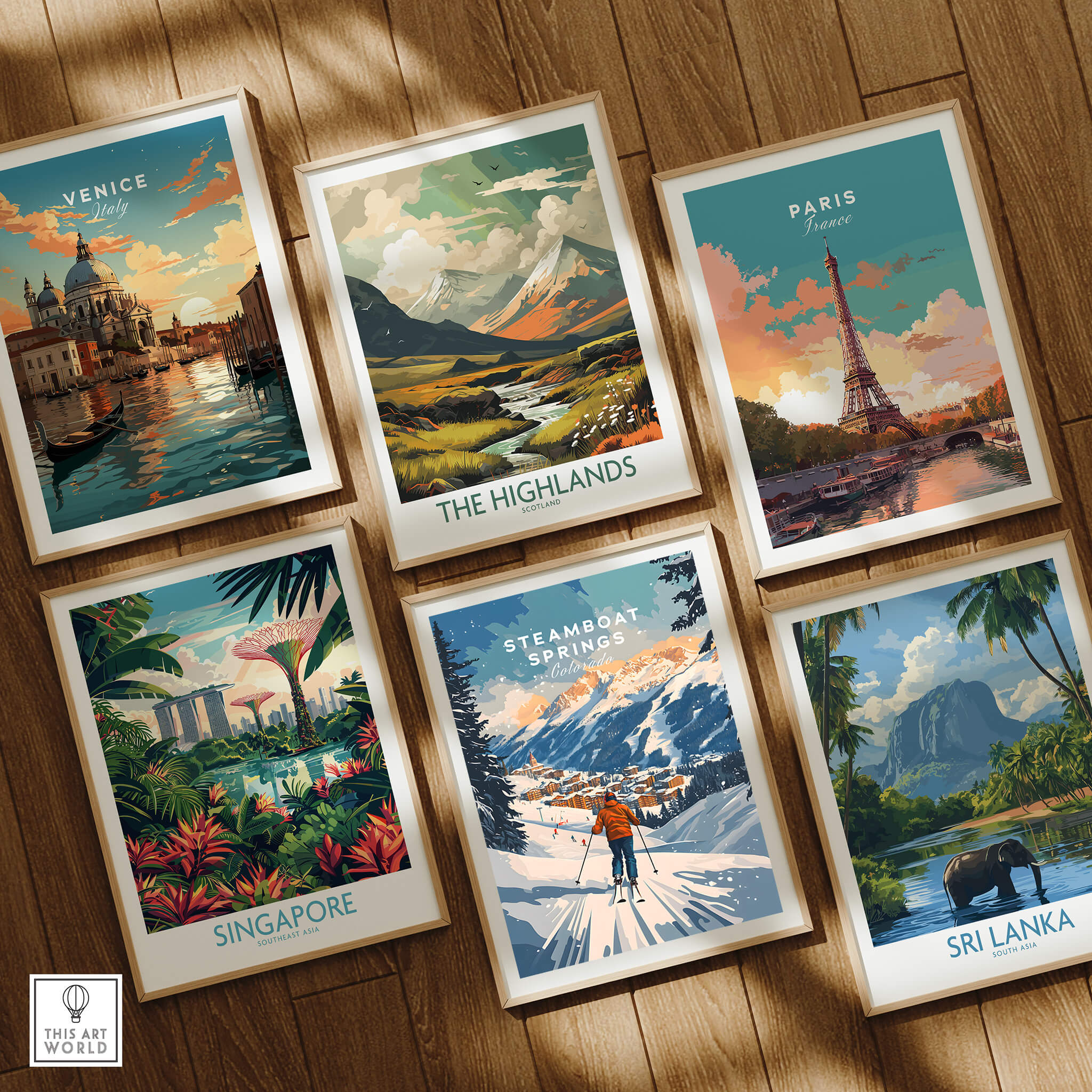 Steamboat Springs Print Colorado and travel art posters of Venice, Paris, Highlands, Singapore, and Sri Lanka.