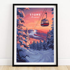 Vermont Ski Art - Stowe Gondola Poster, Winter Sports Decor featuring a gondola against a sunset backdrop.