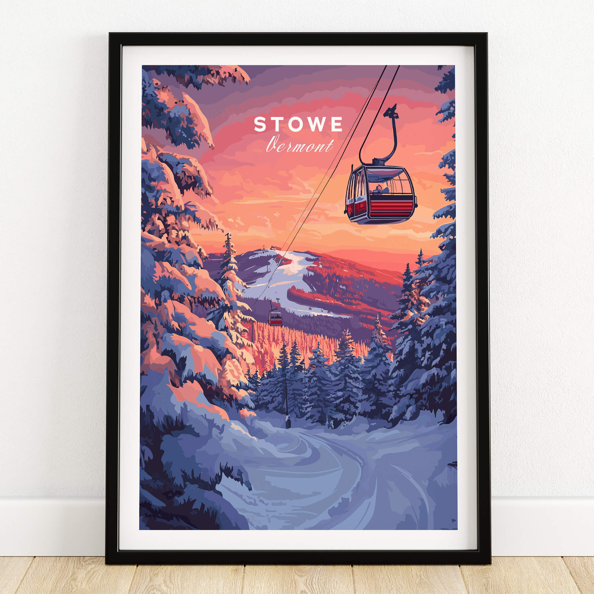Vermont Ski Art - Stowe Gondola Poster, Winter Sports Decor featuring a gondola against a sunset backdrop.