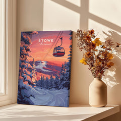 Vermont Ski Art - Stowe Gondola Poster, Winter Sports Decor displayed on a sunny windowsill with dried flowers.