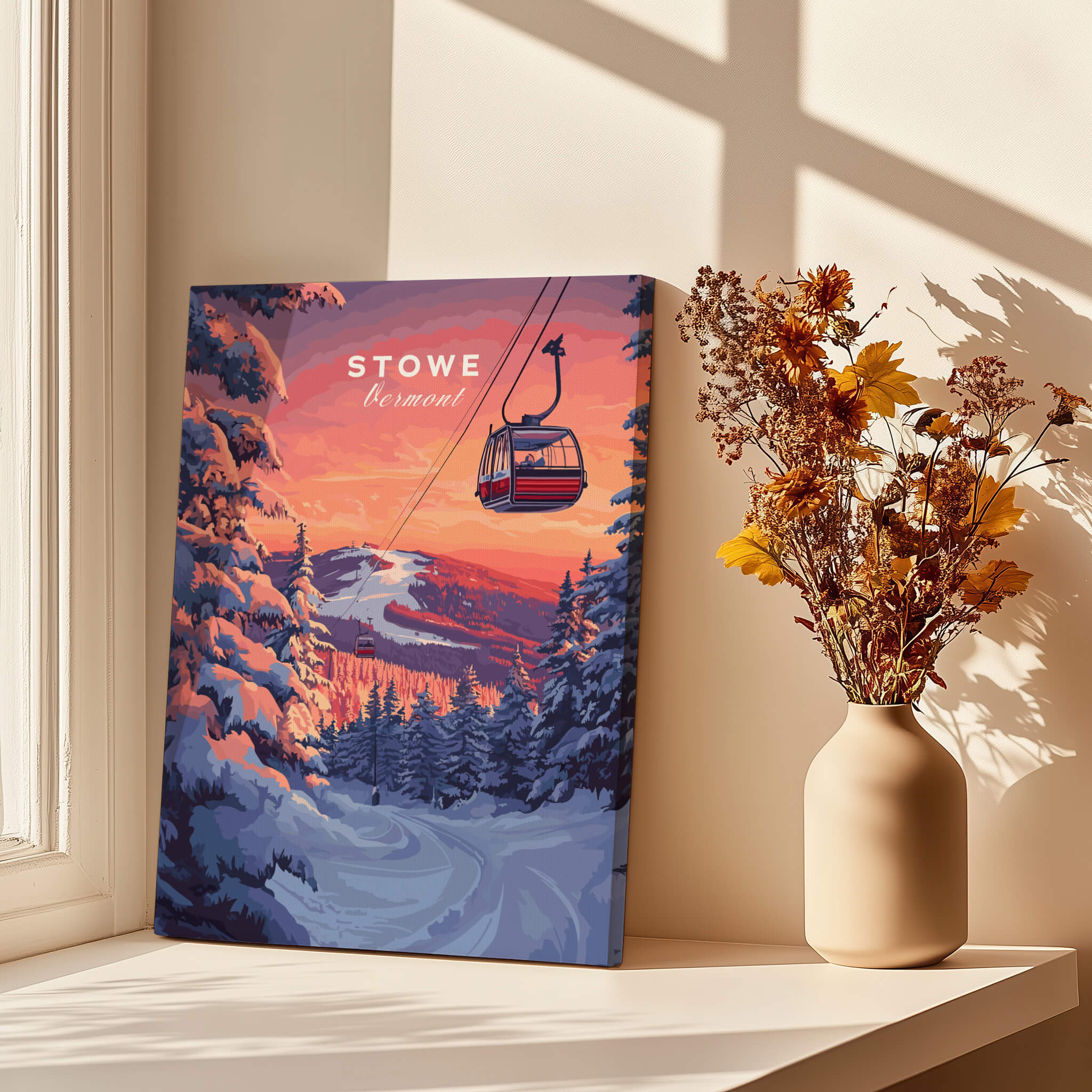 Vermont Ski Art - Stowe Gondola Poster, Winter Sports Decor displayed on a sunny windowsill with dried flowers.