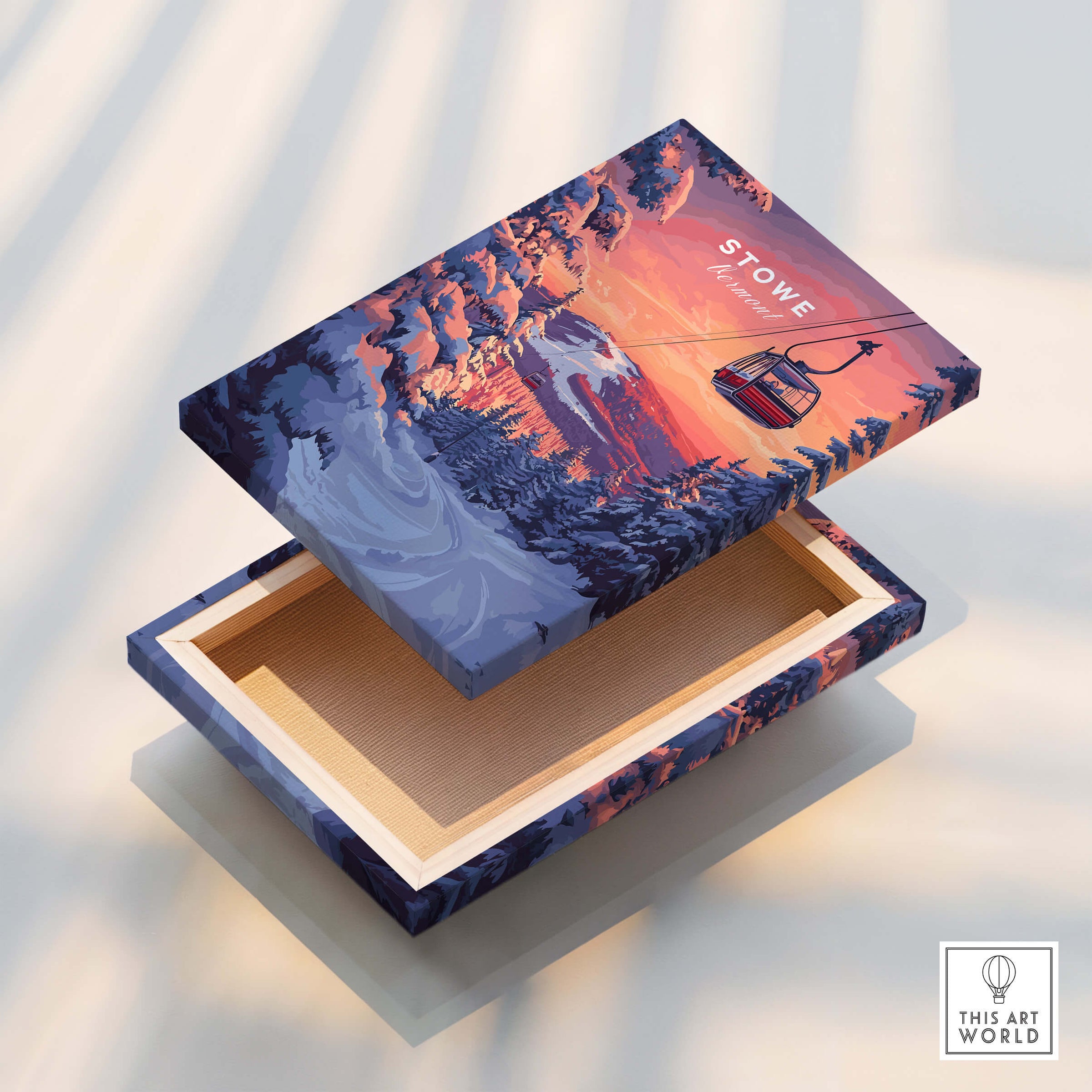 Vermont Ski Art - Stowe Gondola Poster, Winter Sports Decor on a decorative box with scenic winter landscape.