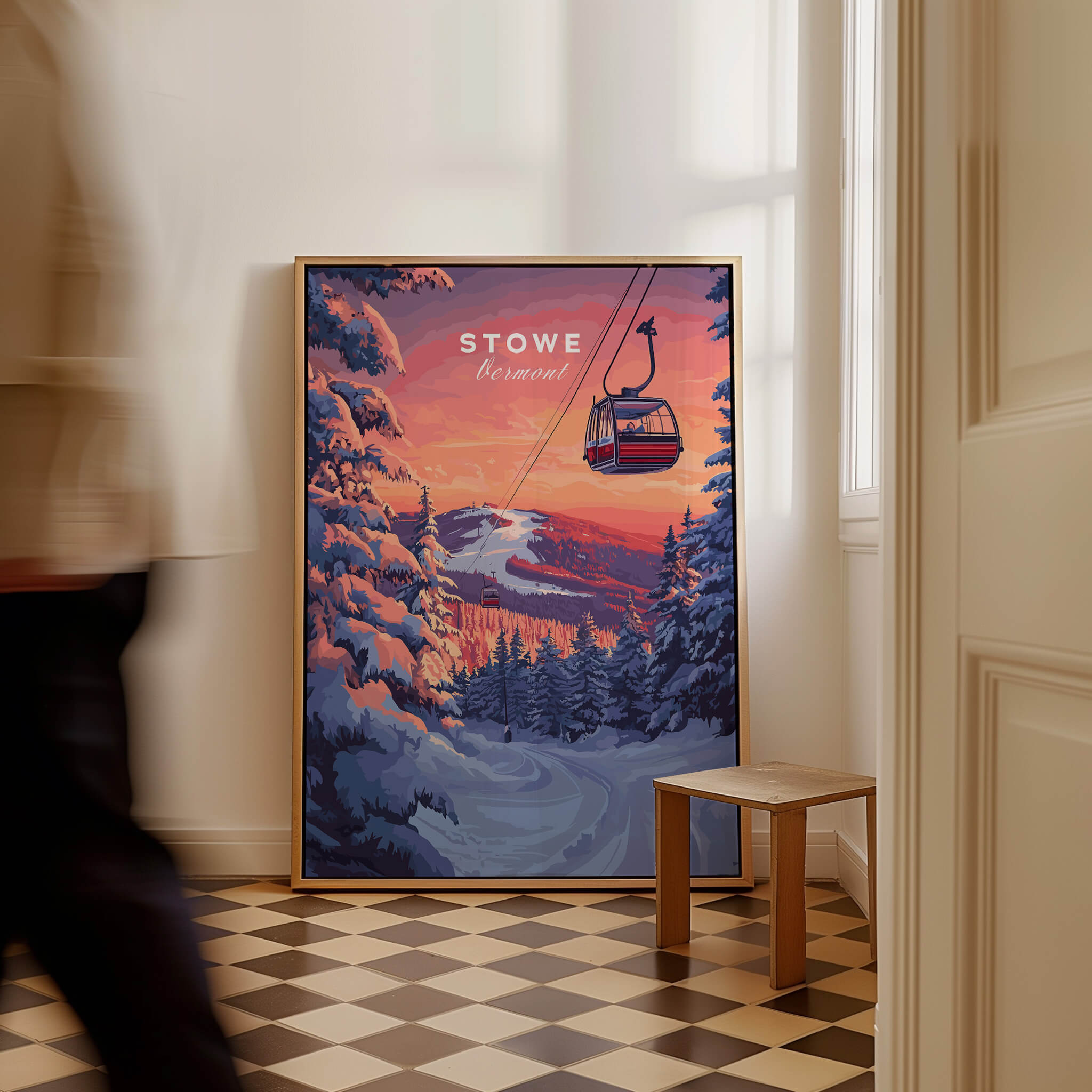 Vermont Ski Art - Stowe Gondola Poster, Winter Sports Decor featuring a gondola in a snowy landscape.