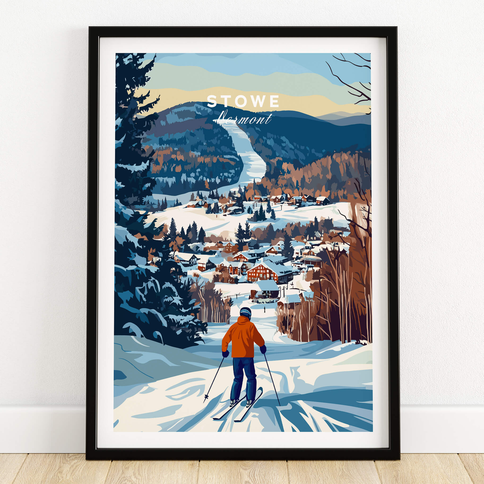 Vermont Ski Destination Poster - Stowe Mountain Landscape Art Print featuring skier in Stowe, Vermont snowy village scenery.