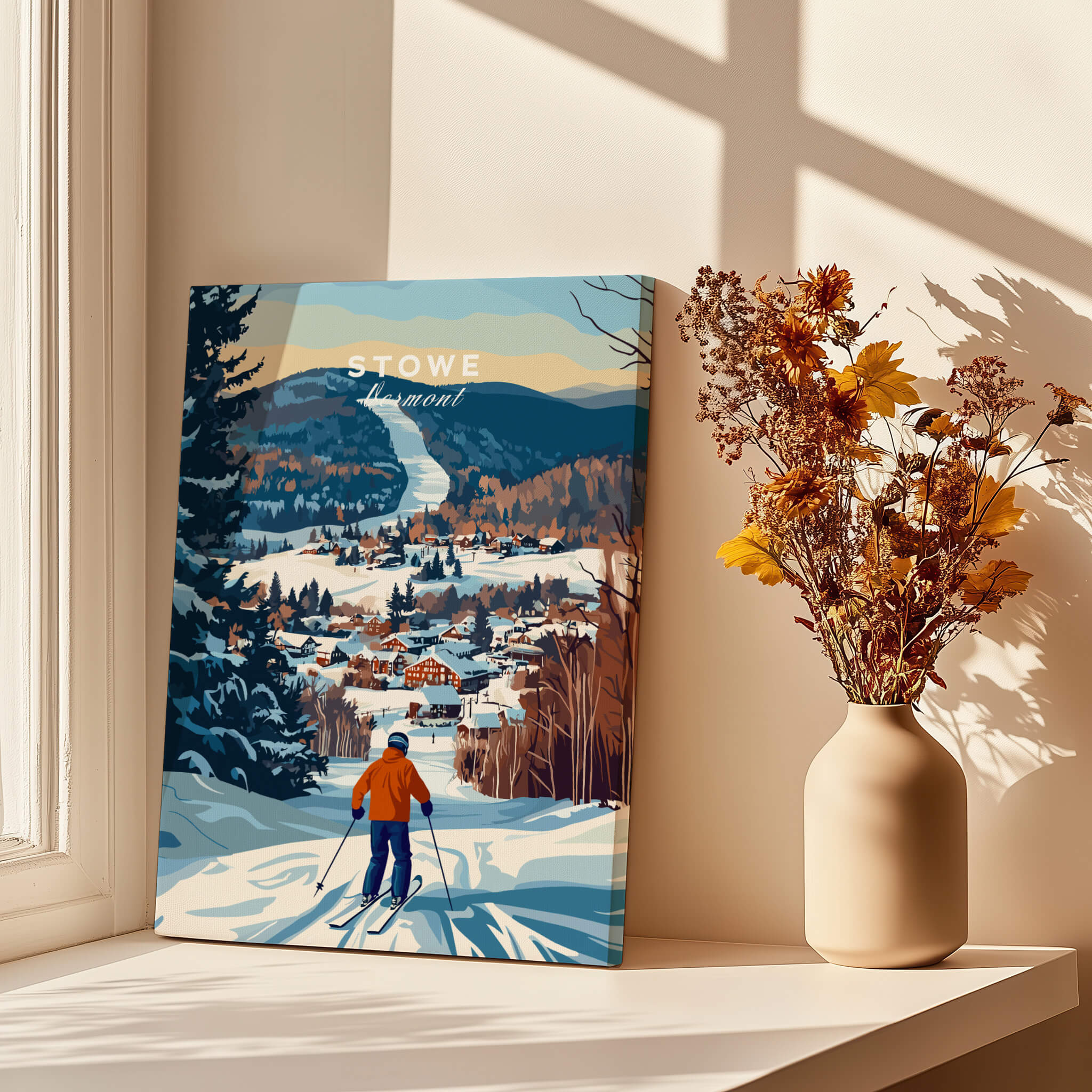 Vermont Ski Destination Poster - Stowe Mountain Landscape Art Print featuring skier and village view in winter.