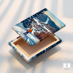Vermont Ski Destination Poster - Stowe Mountain Landscape Art Print on a decorative box with a winter landscape.