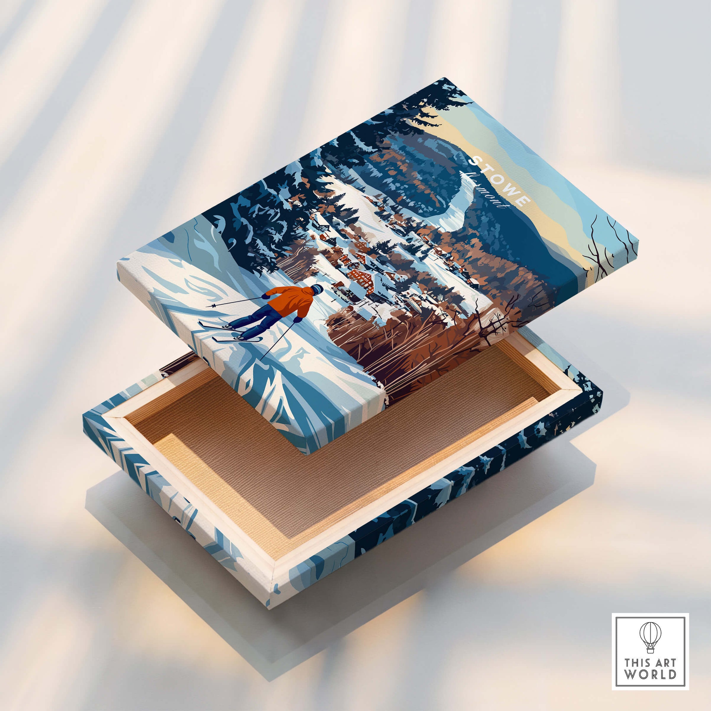 Vermont Ski Destination Poster - Stowe Mountain Landscape Art Print on a decorative box with a winter landscape.