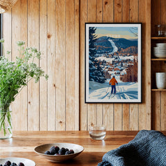 Vermont Ski Destination Poster - Stowe Mountain Landscape Art Print displayed in a cozy wooden interior.