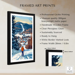 Vermont Ski Destination Poster - Stowe Mountain Landscape Art Print displayed in a black frame with detailed product information.