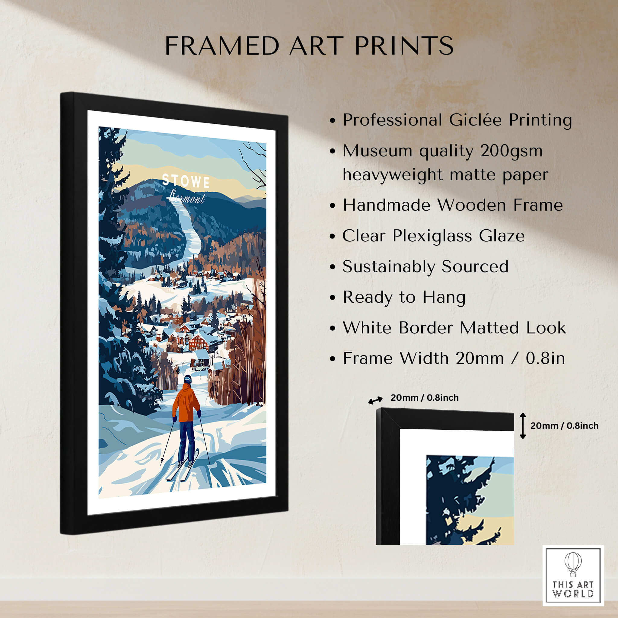 Vermont Ski Destination Poster - Stowe Mountain Landscape Art Print displayed in a black frame with detailed product information.