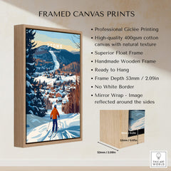 Vermont Ski Destination Poster - Stowe Mountain Landscape Art Print framed canvas displaying snowy slopes and village view.
