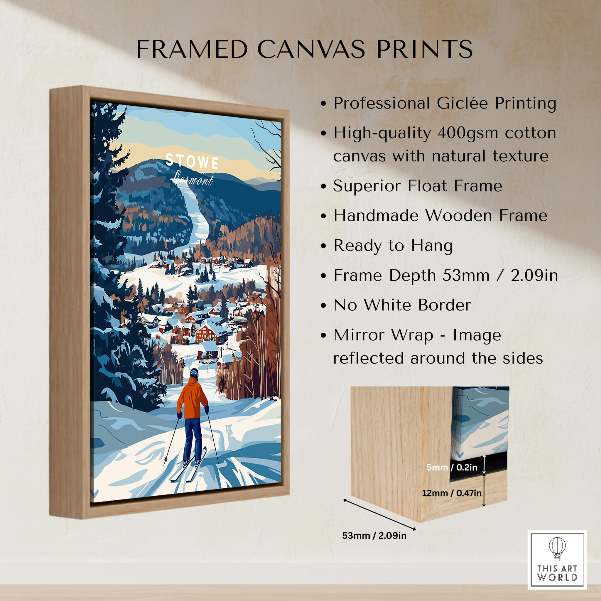 Vermont Ski Destination Poster - Stowe Mountain Landscape Art Print framed canvas displaying snowy slopes and village view.