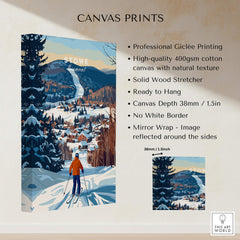 Vermont Ski Destination Poster - Stowe Mountain Landscape Art Print showcasing professional giclée printing and cozy mountain scenery.