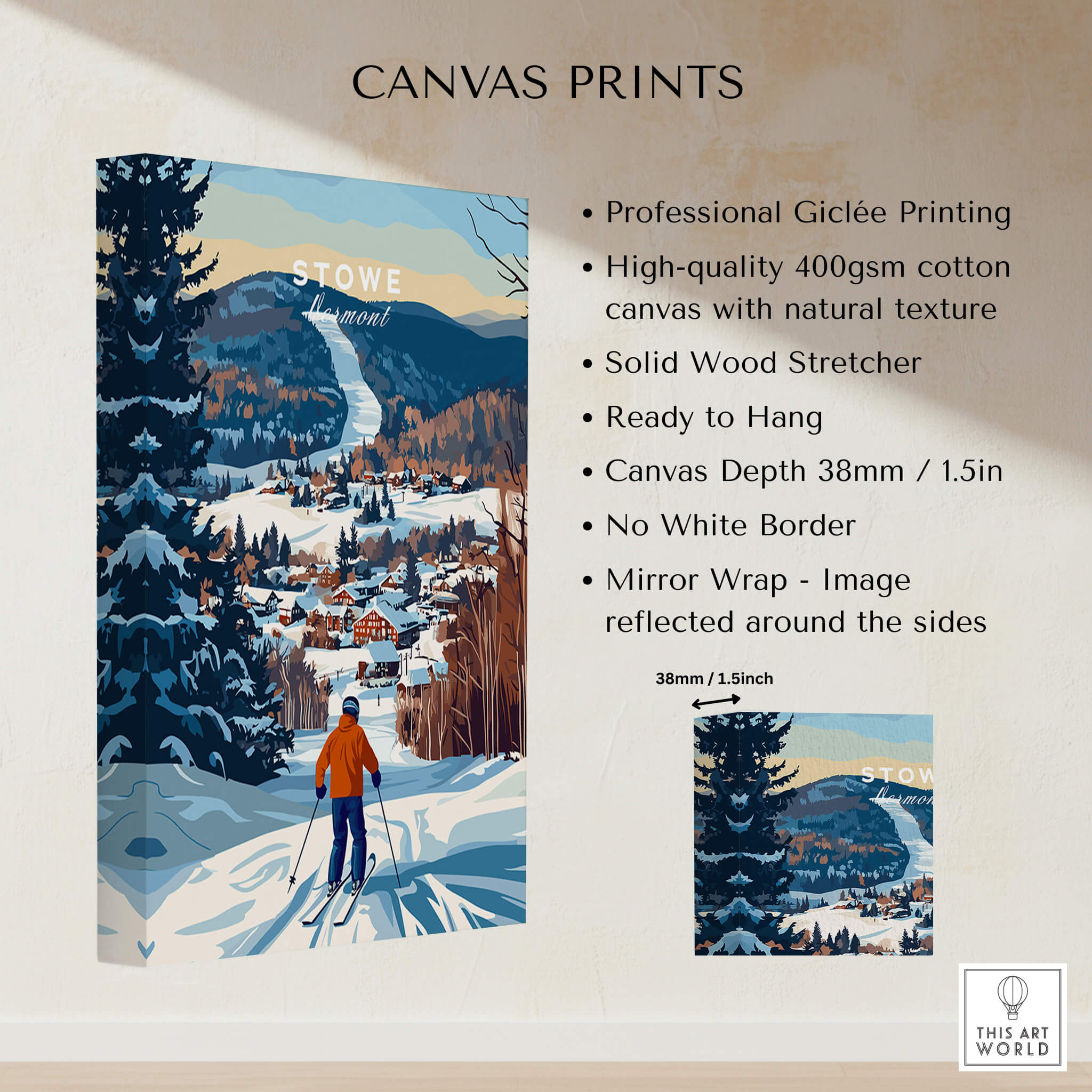 Vermont Ski Destination Poster - Stowe Mountain Landscape Art Print showcasing professional giclée printing and cozy mountain scenery.